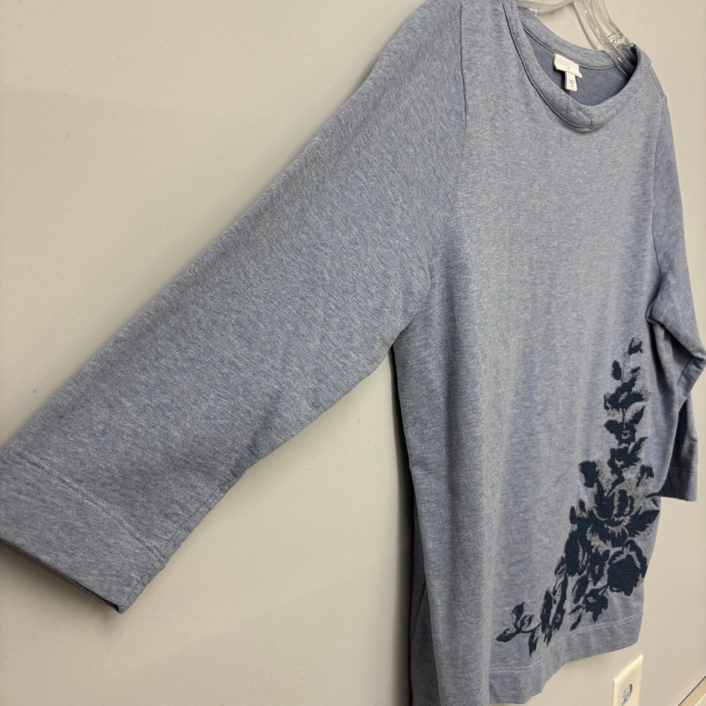 J. Jill Blue Floral Embroidered French Terry Top 3/4 Sleeve Boat Neck Womens M - Picture 2 of 7